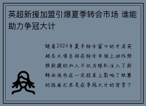 英超新援加盟引爆夏季转会市场 谁能助力争冠大计 英超新援加盟引爆夏季转会市场 谁能助力争冠大计